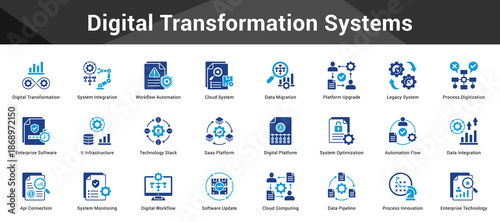 Digital Transformation Systems Cohesive set of minimalist vector icons representing key ideas with visual clarity