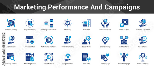 Marketing Performance And Campaigns Cohesive set of minimalist vector icons representing key ideas with visual clarity