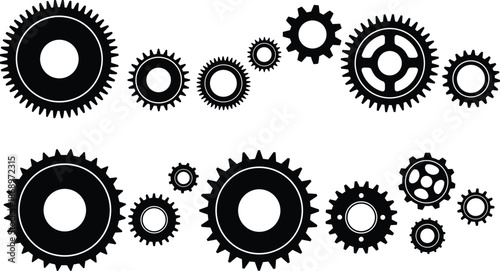 Industrial gear wheels vector illustration, mechanical cogwheel set, machine engineering parts collection, black white silhouette design, technology concept graphics