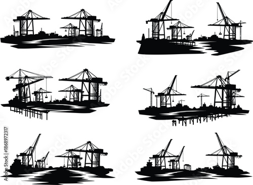 Industrial port cranes and cargo ship terminal, maritime logistics and shipping infrastructure, container loading dock vector illustration, export import industry concept