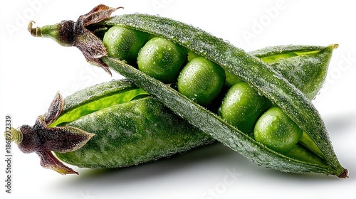 Two open pea pods reveal vibrant green peas, detailed close-up shot