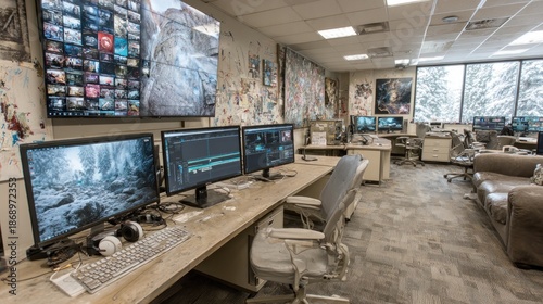 Busy office space with multiple computer monitors & work stations, snow visible