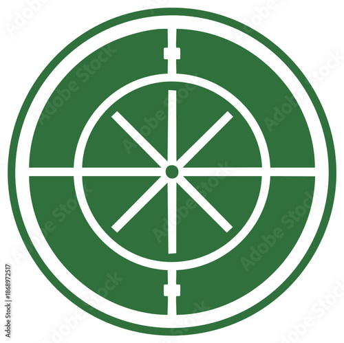 Geometric green and white circle with a stylized spoked wheel and target crosshairs