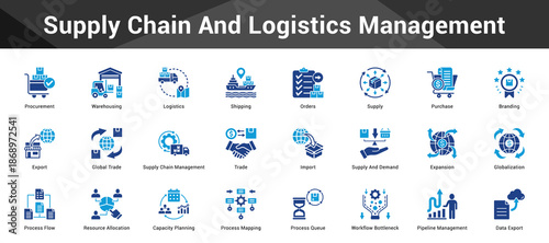 Supply Chain And Logistics Management Cohesive set of minimalist vector icons representing key ideas with visual clarity