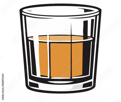 Whiskey glass full of amber spirit drink in a minimalist cartoon style