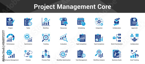 Project Management Core Cohesive set of minimalist vector icons representing key ideas with visual clarity