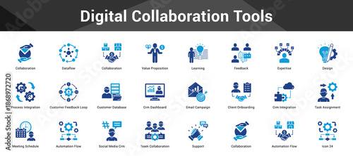 Digital Collaboration Tools Cohesive set of minimalist vector icons representing key ideas with visual clarity