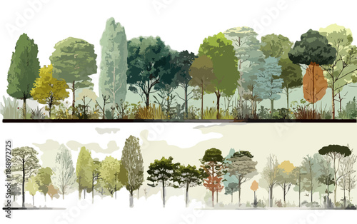 環境に配慮したデザインに最適な、様々な樹木が並ぶ透明な背景のベクターイラストレーション。自然の多様性とエコフレンドリーなコンセプトを表現します。