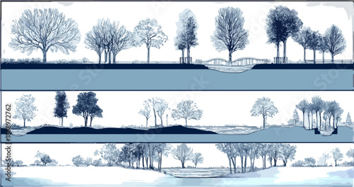 様々な樹木と風景が青と白のモノトーンで描かれた、透明感のある手描きイラストレーション。環境や自然の概念をシンプルに表現したグラフィック素材。