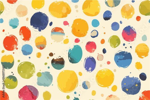 透明感あふれるカラフルな水彩ドットが不規則に散りばめられた、手描き風の抽象的な背景グラフィック素材は、ウェブや広告、デザインプロジェクトに最適です。