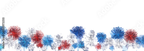 透明感のある水彩タッチで描かれた赤青白の抽象的な花火やポンポンが、白い背景の下部を彩る、お祝いやイベント、独立記念日などの祝祭を飾る華やかなデザインボーダー。
