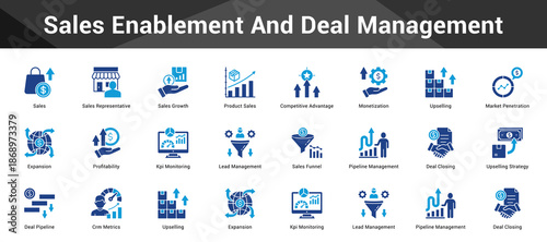 Sales Enablement And Deal Management Cohesive set of minimalist vector icons representing key ideas with visual clarity