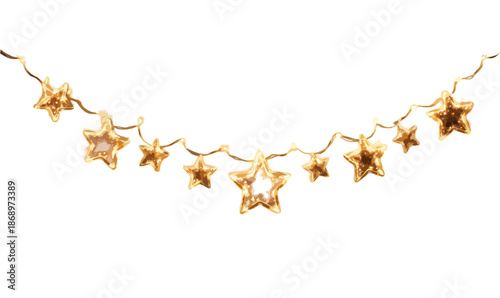 白い背景に輝く金色の星形LEDライトガーランドが、お祝いやイベントの装飾に理想的な透明感のあるデザインで美しく吊るされています。