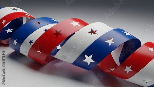 Independence Day: Patriotic Ribbon with Stars on Gray Background
