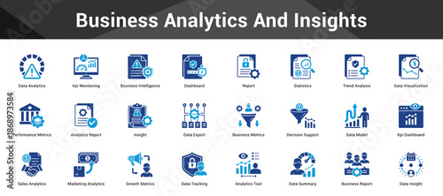 Business Analytics And Insights Cohesive set of minimalist vector icons representing key ideas with visual clarity
