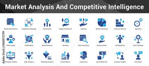 Market Analysis And Competitive Intelligence Cohesive set of minimalist vector icons representing key ideas with visual clarity