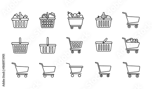 Blank shopping cart and grocery basket outline icon set linear vector illustration for retail templates