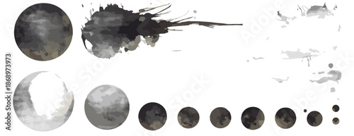 透明な水彩インクの飛沫、円形、ブラシストロークが特徴の、グランジ感のある抽象的なモノクロームデザイン素材セット。ウェブや印刷物、アート作品の背景や装飾に最適です。