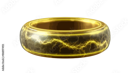 白い背景に浮かぶ、稲妻の光を放つ黄金のリング。魔力や神秘的な力を象徴する透明なオブジェクト。