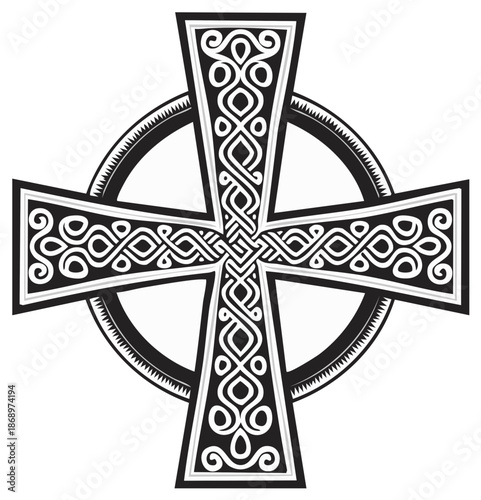 Intricate Black and White Celtic Cross with Traditional Knotwork Design