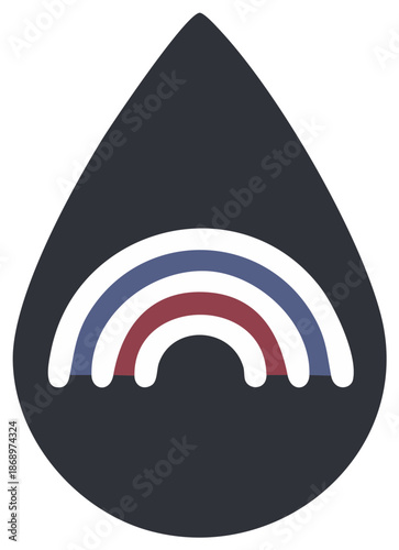 Abstract graphic of a rainbow within a stylized teardrop shape.