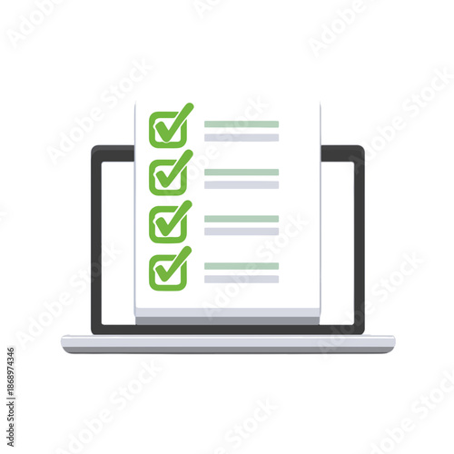 オンラインでのタスク管理や完了、アンケート結果の表示を象徴する、緑色のチェックマークが付いたチェックリストが画面に映るノートパソコンのフラットアイコン。
