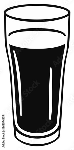 Isolated Tall Glass Filled with Dark Liquid, Black and White Drink Icon Illustration