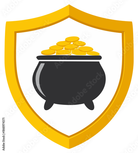 Pot of gold coins securely protected by a golden shield symbol illustration