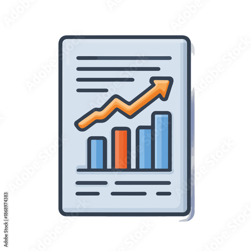 業績の成長とデータ分析による成功を視覚的に表現した、棒グラフと上昇矢印が特徴的なビジネス報告書アイコンのイラストレーション。