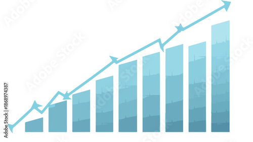 明るい水色の棒グラフと右肩上がりの矢印が示す、ビジネスの成長と成功のコンセプトを表すシンプルなデータ視覚化イラスト。