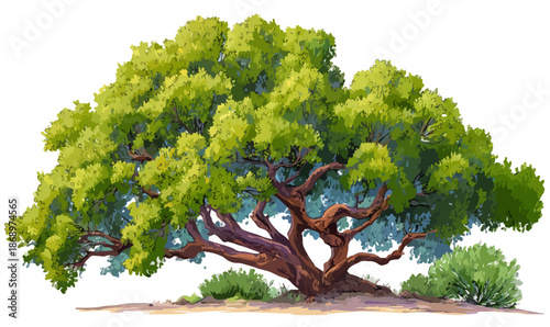 白い背景に切り抜かれた、豊かな緑の葉と太くごつごつした幹を持つ大きな広葉樹のイラスト。透明な背景で様々なデザインに活用できる自然のシンボル。