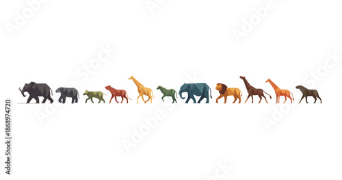 ローポリゴンで描かれた様々なアフリカの野生動物たちが、白い背景の上を整然と行進する、多様性と自然の美しさを表現したベクターイラストレーション。