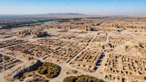 Ancient Mesopotamian City Ruins Aerial View: Ziggurat, River, Desert Landscape