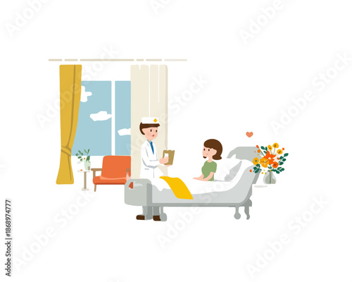 医師が病室で患者のベッドサイドを訪れ、カルテを手にしながら丁寧に診察や説明を行う、医療における信頼と安心感を表現したベクターイラスト。