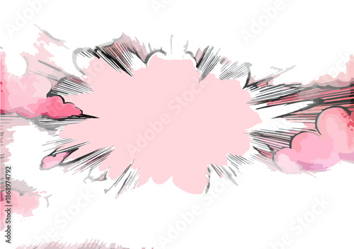 漫画風のピンク色の爆発エフェクトと集中線が特徴的な、テキストスペースとして活用できる透過背景のグラフィック素材。