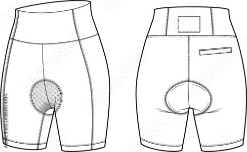 Cycling padded shorts fashion technical drawing, high waist bike shorts with chamois pad, front back view, cad drawing vector illustration