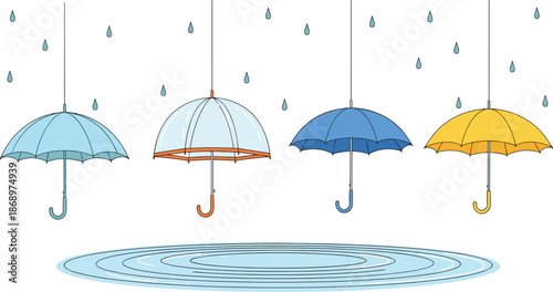 Colorful umbrellas hanging in rain, flat vector illustration, weather concept, modern minimal design, protection symbol, rainy season background, graphic art