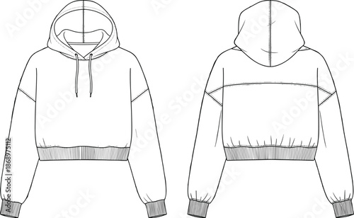 Women cropped hoodie cad drawing, long sleeve sweatshirt technical sketch, front back view, flat vector illustration apparel fashion design