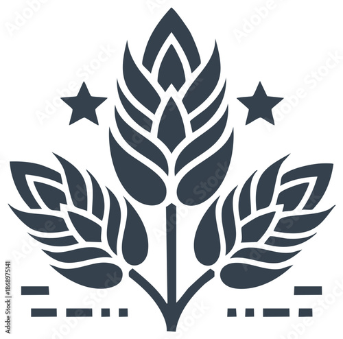 Stylized hop cone and wheat graphic with decorative stars an agricultural emblem or craft brewery logo design