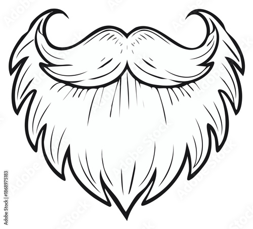 Detailed black and white illustration of a classic full beard with styled mustache
