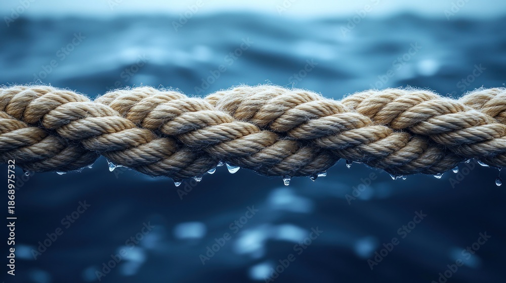 Fototapeta premium Close-up wet rope on dark blue sea