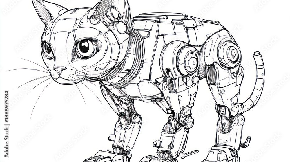 Fototapeta premium Mechanical cat illustration futuristic robotic animal concept in detailed line art