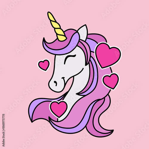 VECTOR ILLUSTRATION OF A CUTE UNICORN WITH HEARTS, SLOGAN PRINT VECTOR