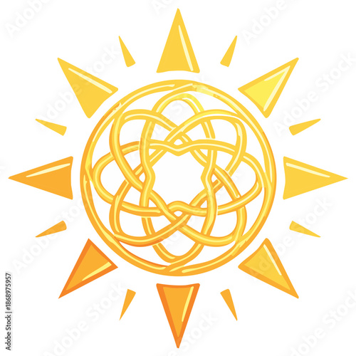 Radiant sun vector graphic with intricate Celtic knot design and triangular rays exudes warmth and symbolic connection