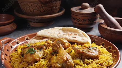 Wallpaper Mural Traditional Arab Food - Chicken Kabsa with Turmeric Rice and Pita Bread, Served Warm on a Wooden Plate Torontodigital.ca