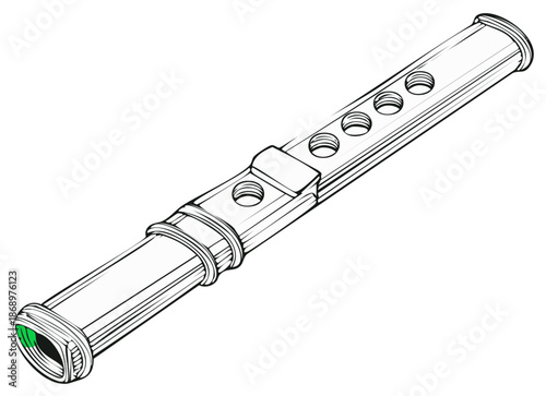 Black and white outline drawing of a classic musical recorder instrument with finger holes
