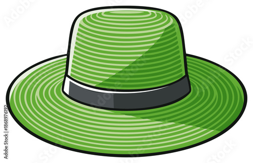 Vibrant green illustration of a wide brimmed summer hat with a stylish dark band