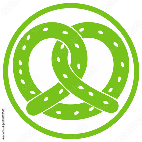 Vibrant green pretzel with salt grains in a circular logo icon traditional German snack