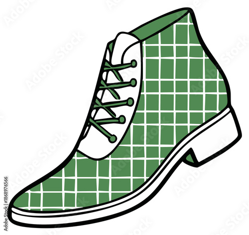 Stylish green boot with a white grid pattern. Vector illustration of a single lace up fashion shoe.