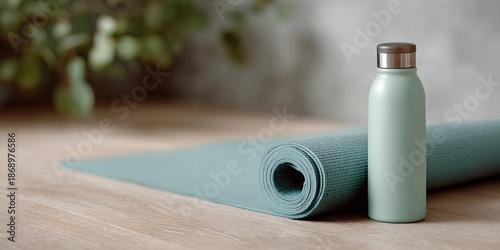 Yoga mat is laying on a wooden table next to a water bottle